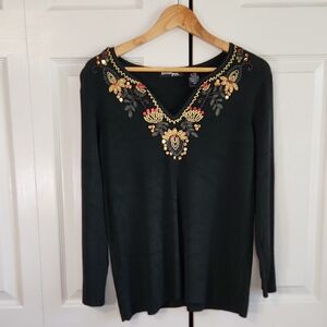 Crossing Pointe Black Embroidered Top Size LG‎ Sequins Beaded Boho Cottagecore